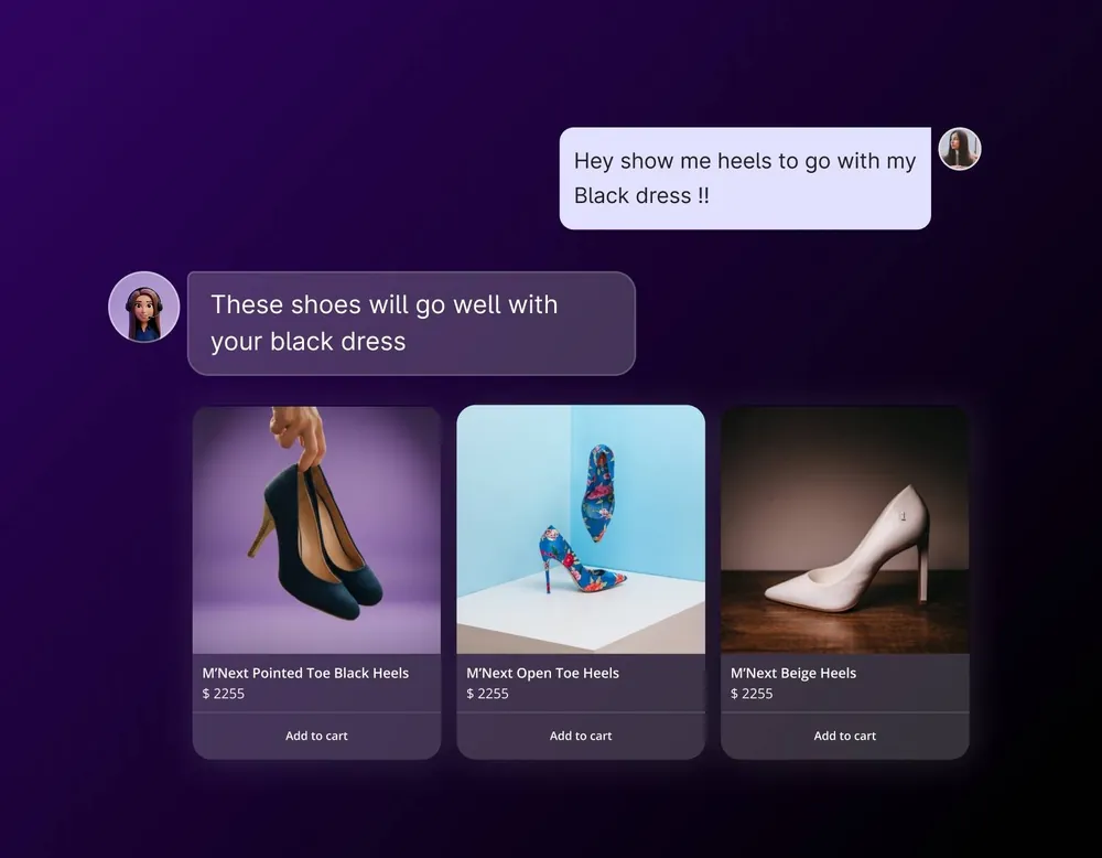 Manifest recommendations: three M'Next heel cards, each priced, with add to cart.